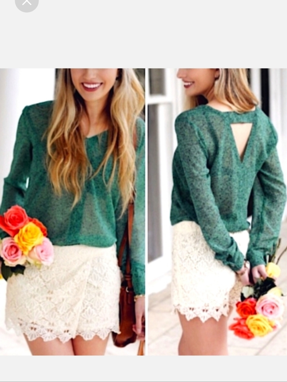 Cabi Green Long Sleeve Blouse with Back Cutout